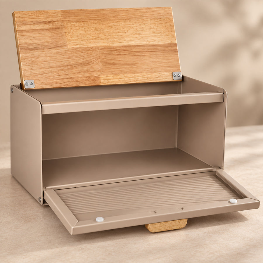 Stainless Steel Bread Bin with Wooden Lid 35.6cm