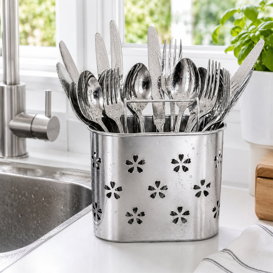 Stainless Steel Cutlery Holder with Drain Holes for Spoons, Forks & Chopsticks