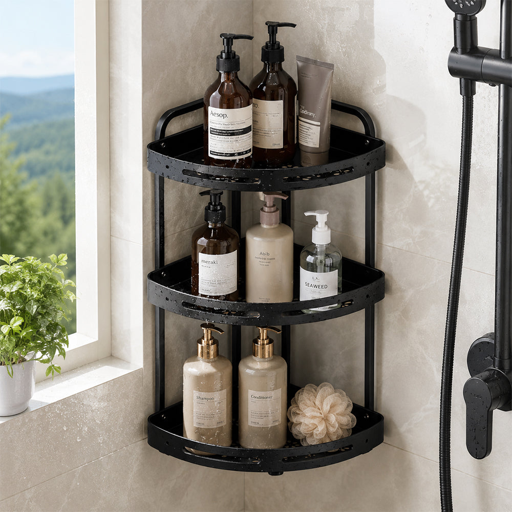 3-Tier Aluminium Corner Shower Bathroom Shelf - Black