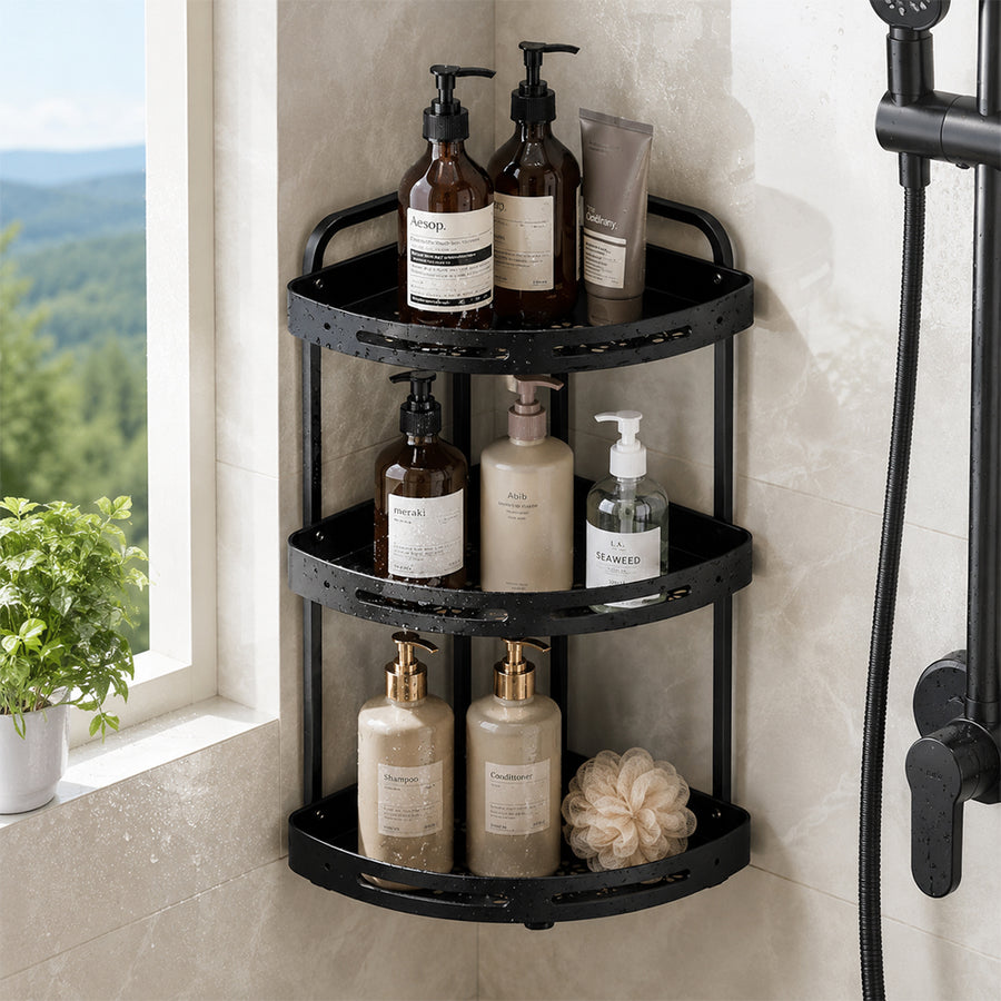 3-Tier Aluminium Corner Shower Bathroom Shelf - Black