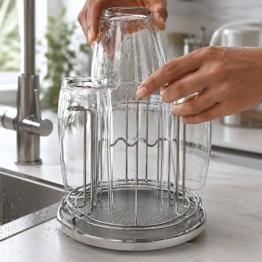 Round Stainless Steel Cup Drying Rack with Drip Tray for Glasses & Mugs