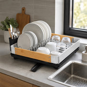 Aluminium Dish Drainer Rack with Wooden Side Panels & Utensil Holder