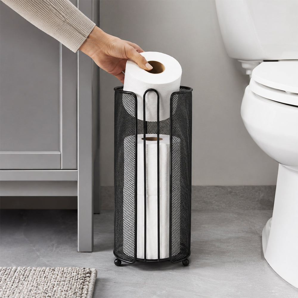 Standing Toilet Paper Roll Holder with Storage - Black Freestanding Bathroom Tissue Organizer