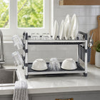 Aluminium 2-Tier Dish Drying Rack with Cutlery & Cup Holders - Silver & Grey