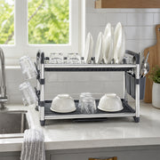 Aluminium 2-Tier Dish Drying Rack with Cutlery & Cup Holders - Silver & Grey