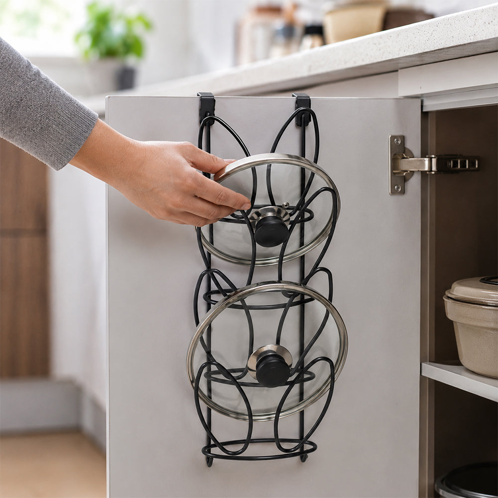 Over-Cabinet Pot Lid Holder Rack for Kitchen Cabinet Door - Black