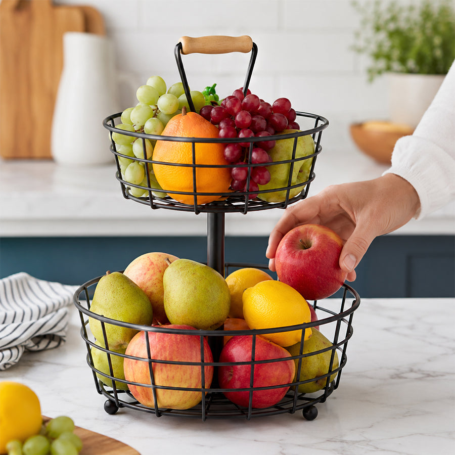 2-Tier Fruit Basket Stand with Wooden Carry Handle - Black