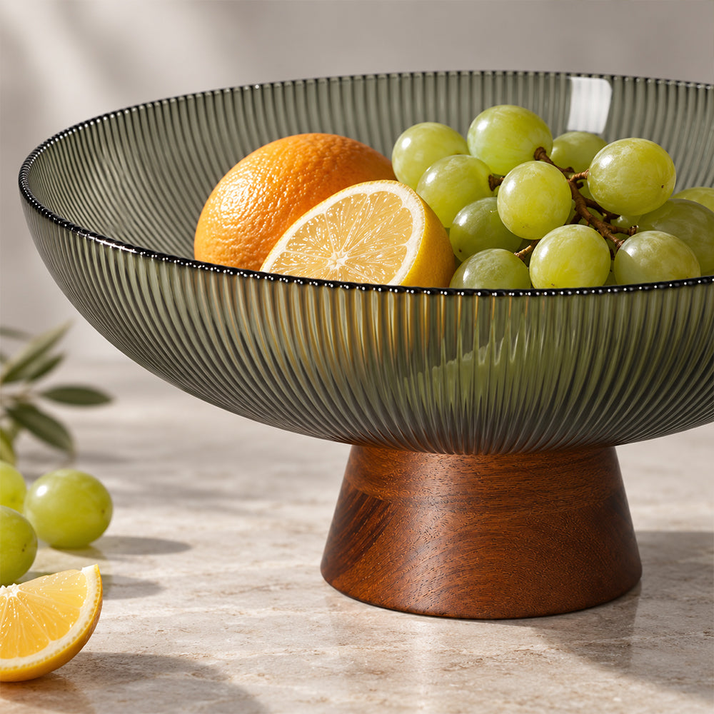 Glass Fruit Bowl with Wooden Pedestal - 25.5cm
