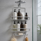 2-Tier Aluminium Hanging Shower Caddy with Soap Tray & Hooks - Silver
