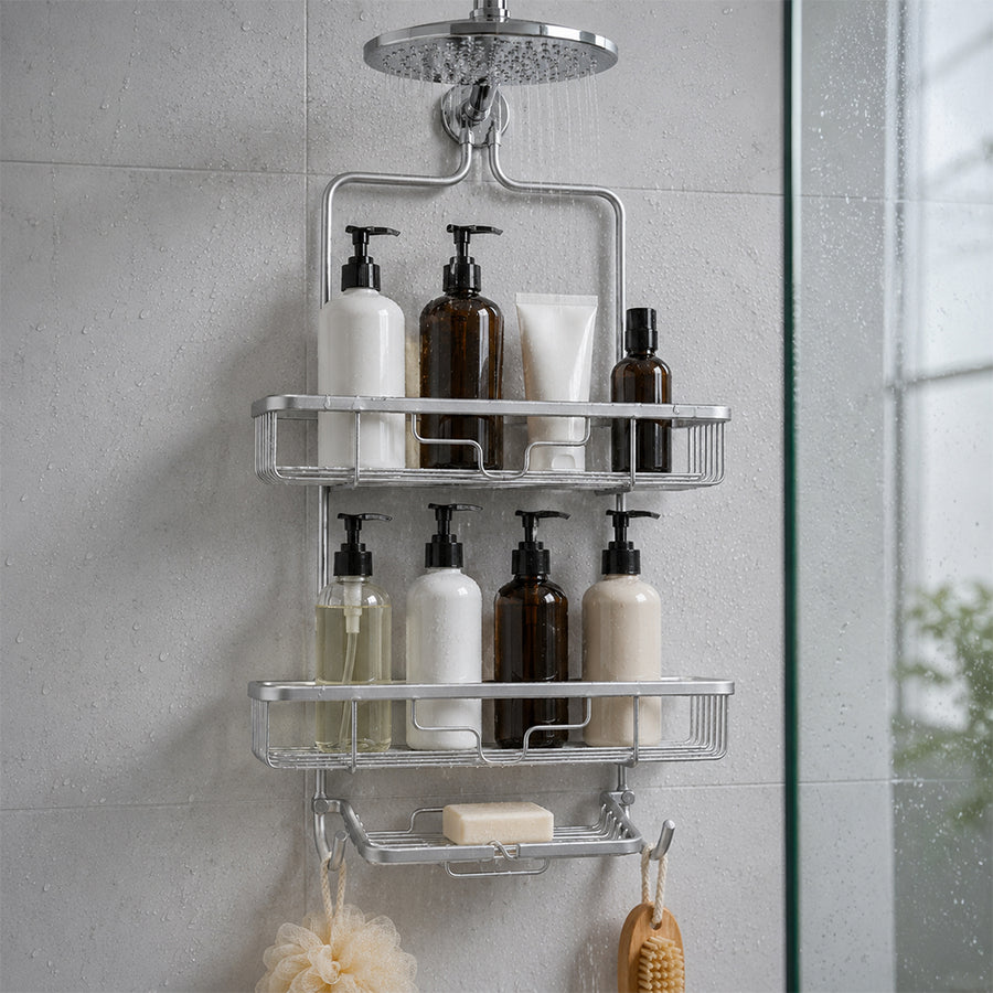 2-Tier Aluminium Hanging Shower Caddy with Soap Tray & Hooks - Silver