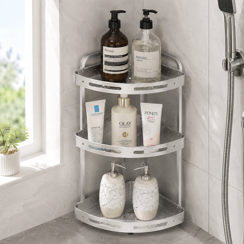 3-Tier Aluminium Corner Shower Bathroom Shelf - Silver