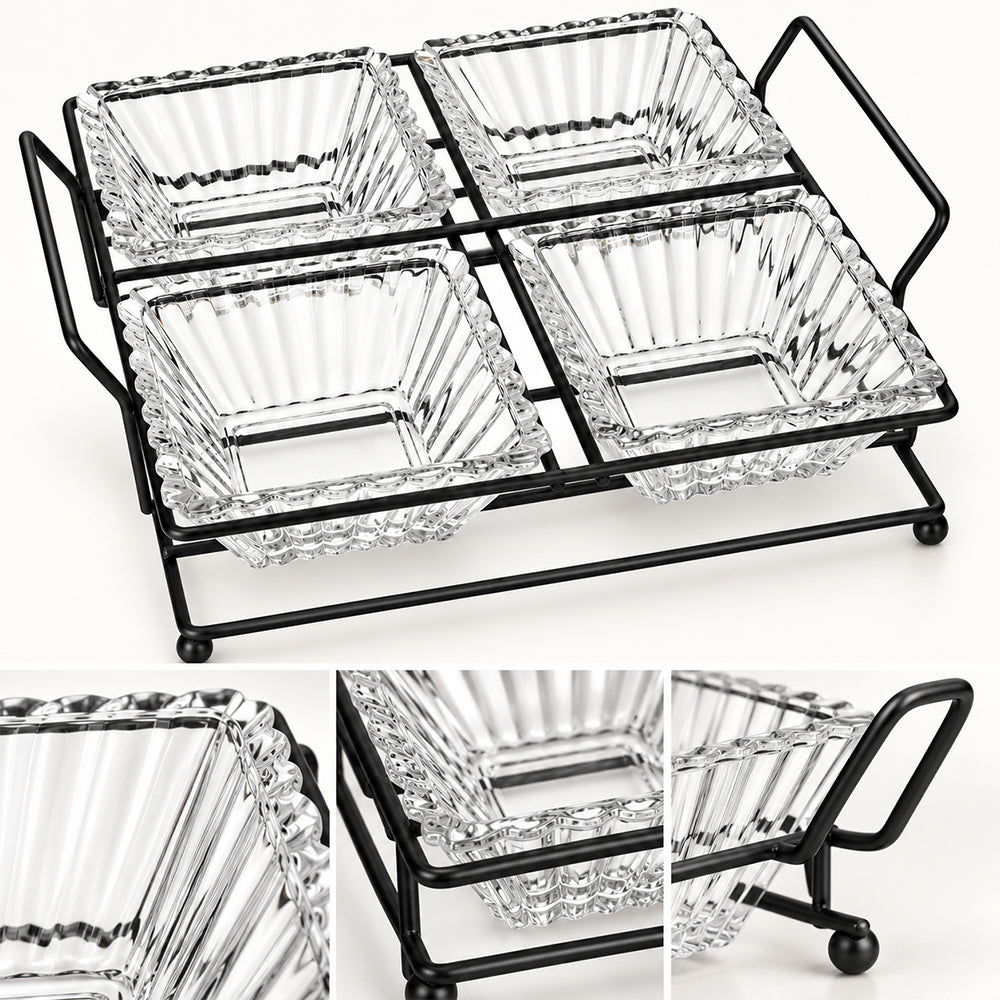 5-Piece Glass Serving Bowl Set with Metal Stand - 250ml