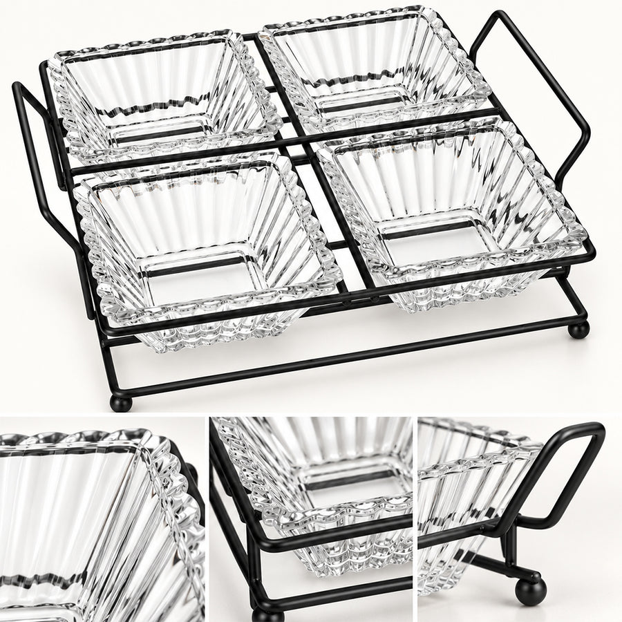 5-Piece Glass Serving Bowl Set with Metal Stand - 250ml