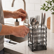 Steel Cutlery Holder with Drain Base for Spoons, Forks & Knives - Black