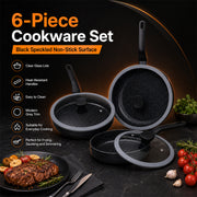 6-Piece Speckled Non-Stick Frying Pan Set with Glass Lids - Black & Grey
