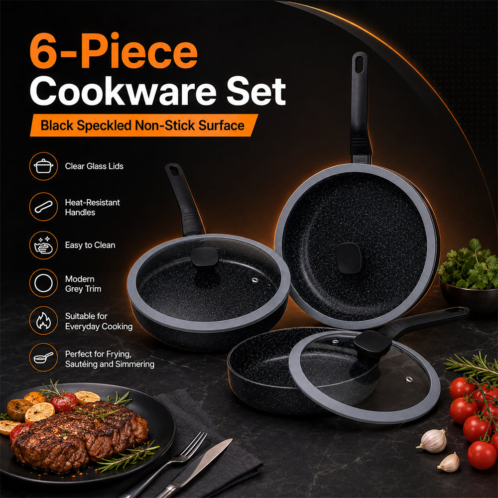 6-Piece Speckled Non-Stick Frying Pan Set with Glass Lids - Black & Grey