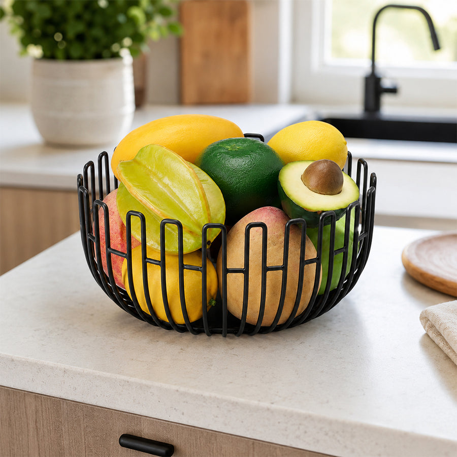 Round Open Wire Fruit Basket Bowl for Kitchen Counter - Black