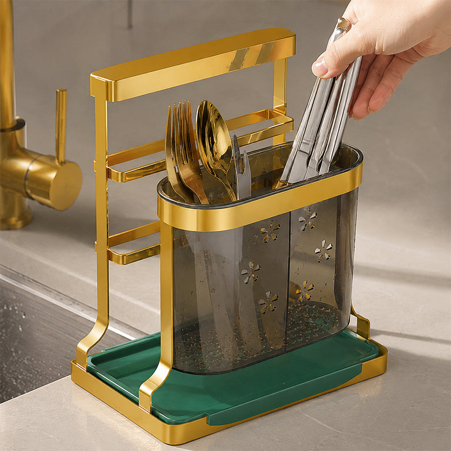 Gold Cutlery Holder with Drip Tray for Kitchen Counter