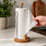 Wooden Countertop Paper Towel Holder with Chrome Rod & Side Support