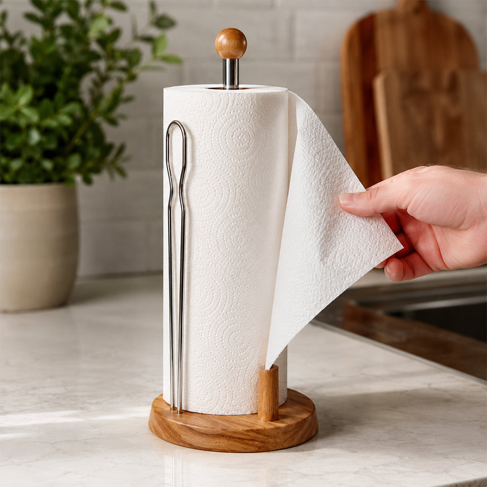 Wooden Countertop Paper Towel Holder with Chrome Rod & Side Support