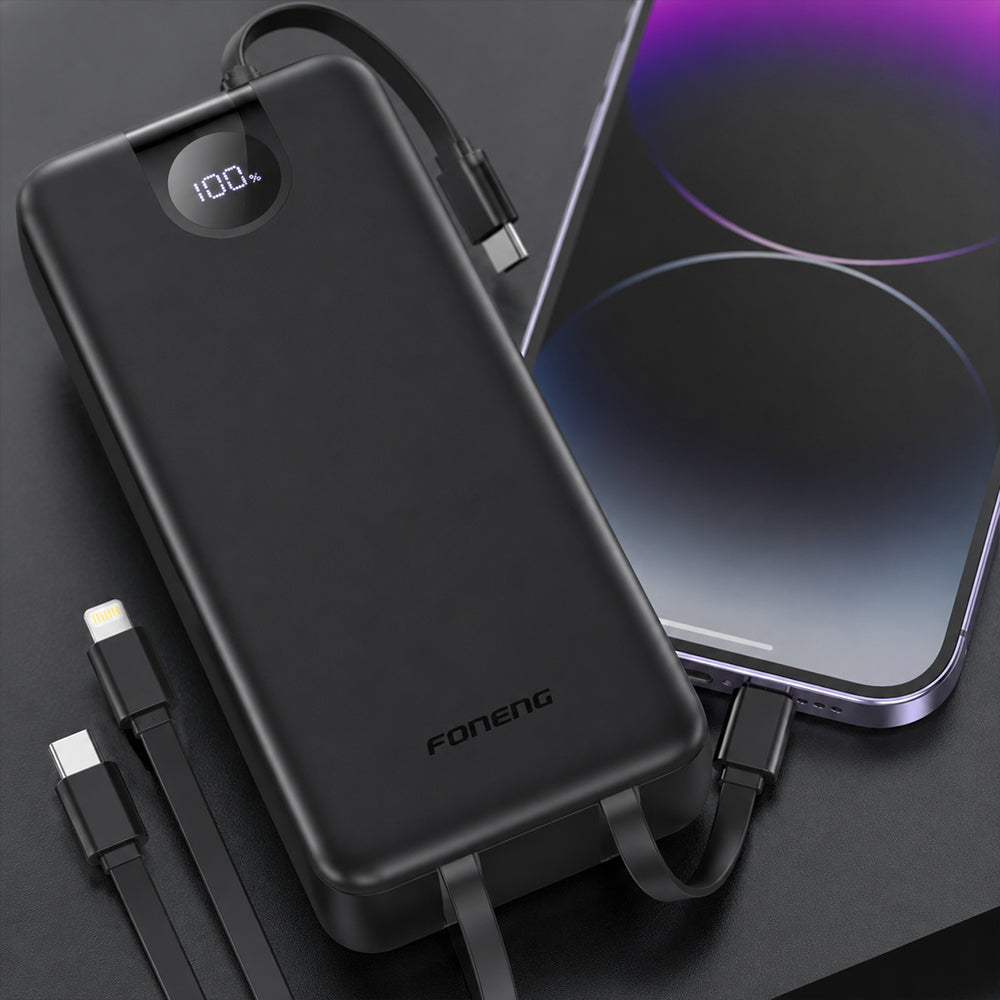 FONENG 30000mAh 22.5W Fast Charging Power Bank with 3 Built-In Cables