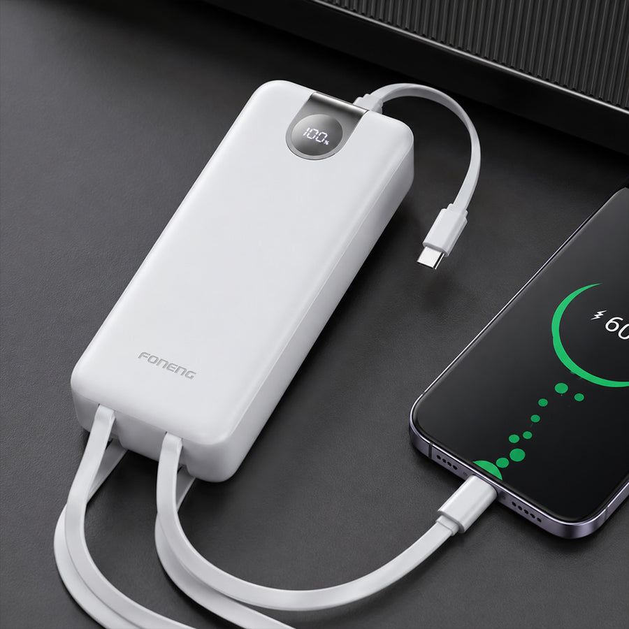 FONENG 20000mAh 22.5W Fast Charging Power Bank with 3 Built-In Cables