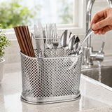 Silver Steel Cutlery Holder with Drain Holes for Spoons, Forks & Chopsticks