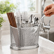 Silver Steel Cutlery Holder with Drain Holes for Spoons, Forks & Chopsticks