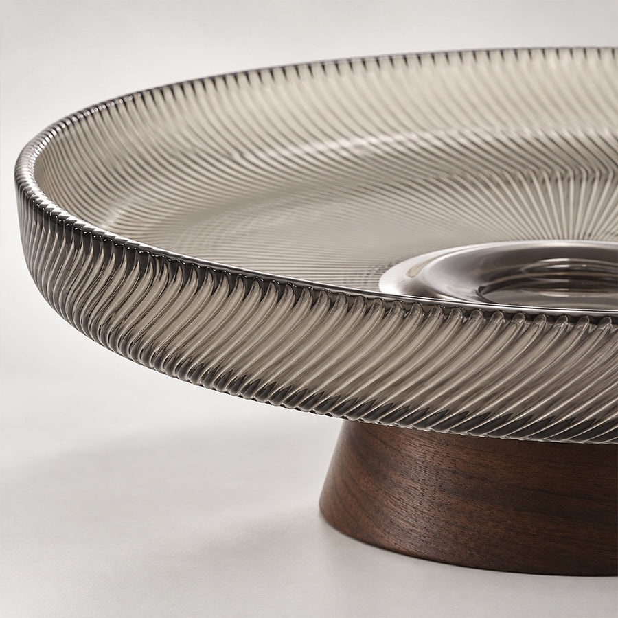 Ribbed Glass Fruit Plate with Wooden Pedestal - 25.5cm