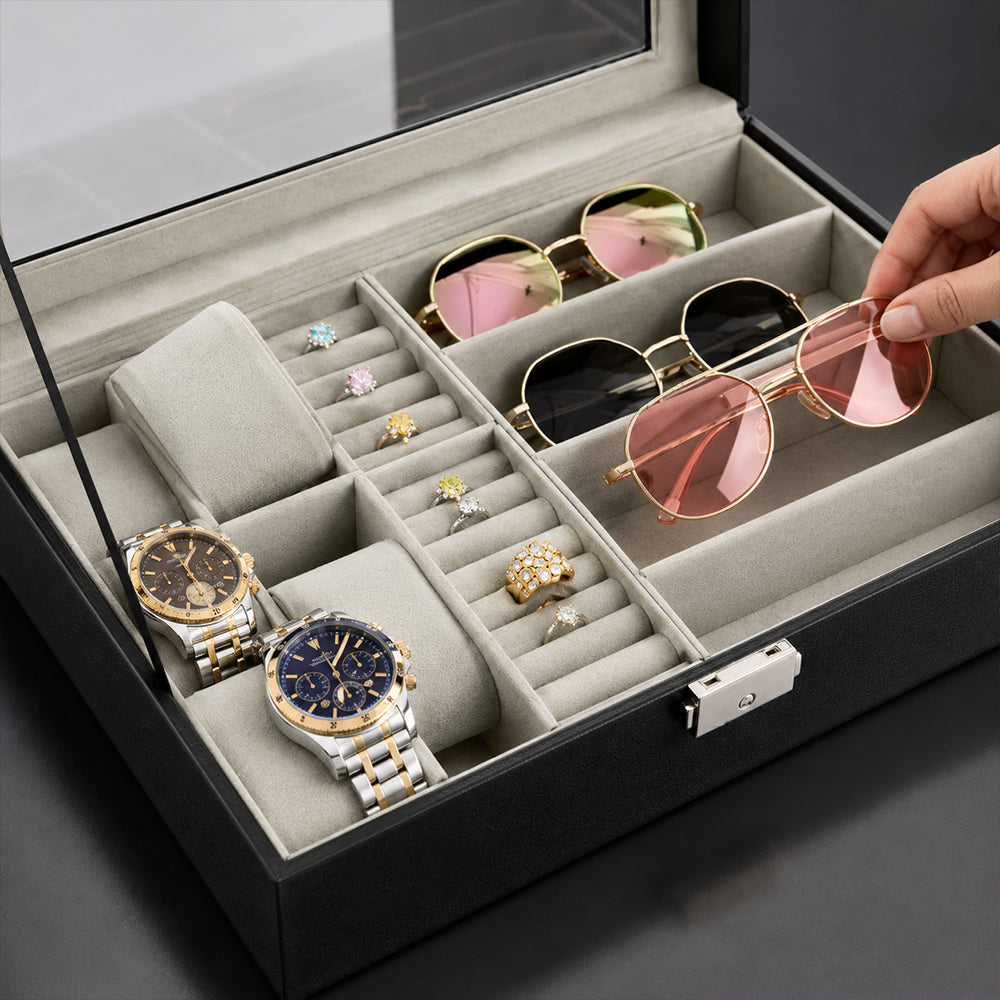 Jewellery, Watch & Sunglasses Storage Display Box with Glass Lid