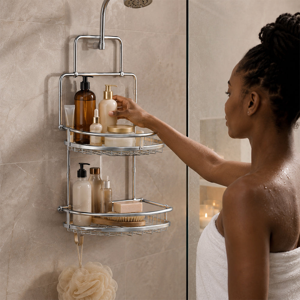 2-Tier Hanging Steel Bathroom Organizer Shower Caddy - Silver