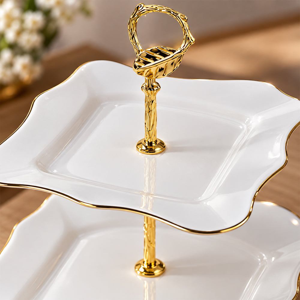 2-Tier Opal Glass Dessert Serving Stand with Gold Rim - 12 Inch