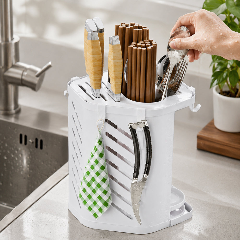 Metal Cutlery and Knife Holder with Drain Tray & Side Hooks - White