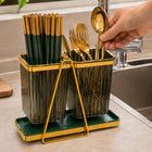 Double Cutlery and Utensil Holder with Drip Tray - Gold & Green