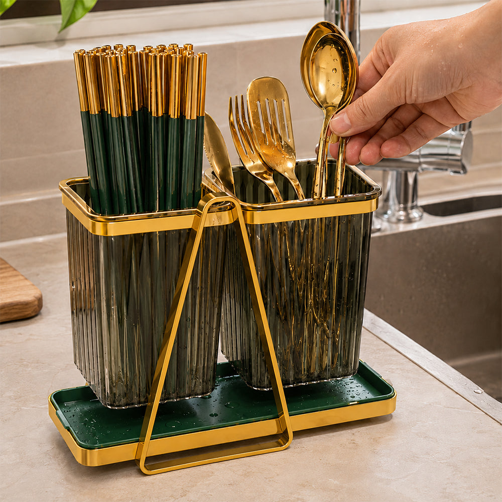 Double Cutlery and Utensil Holder with Drip Tray - Gold & Green