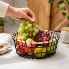 Round Black Metal Fruit Basket with Wooden Rim for Kitchen Counter