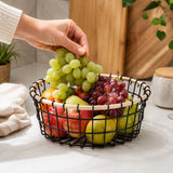 Round Black Metal Fruit Basket with Wooden Rim for Kitchen Counter