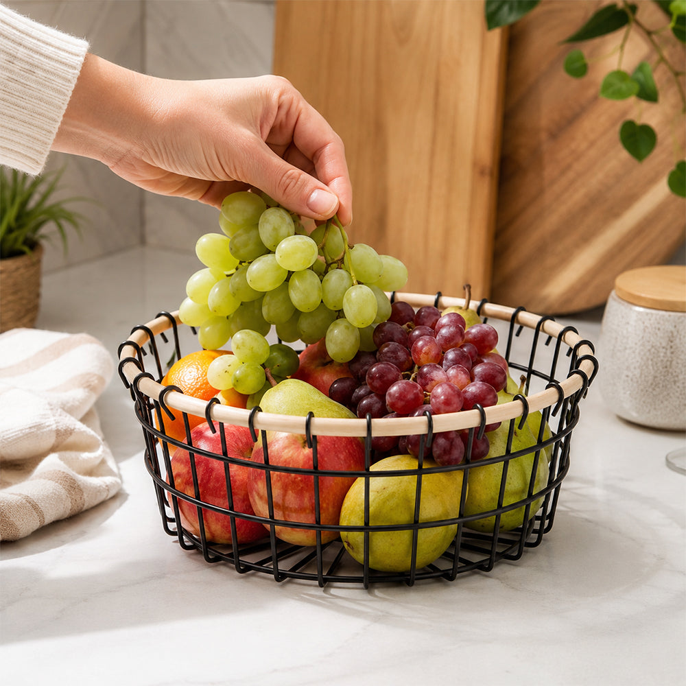 Round Black Metal Fruit Basket with Wooden Rim for Kitchen Counter