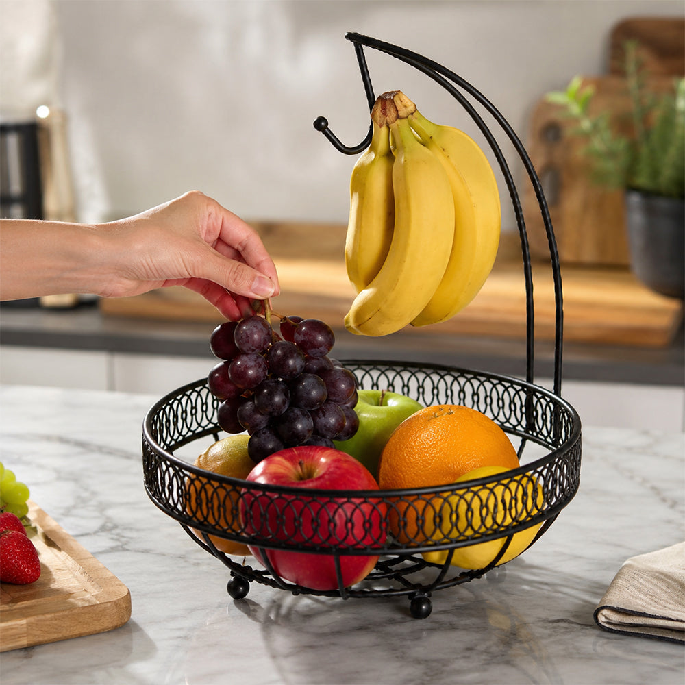 Countertop Fruit Basket with Banana Hanger - Black