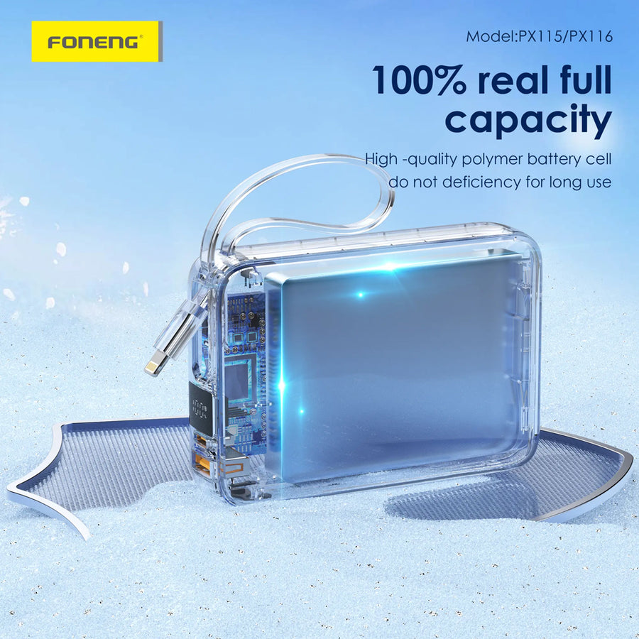 FONENG PX116 20000mAh 22.5W Power Bank with Built-In Cables