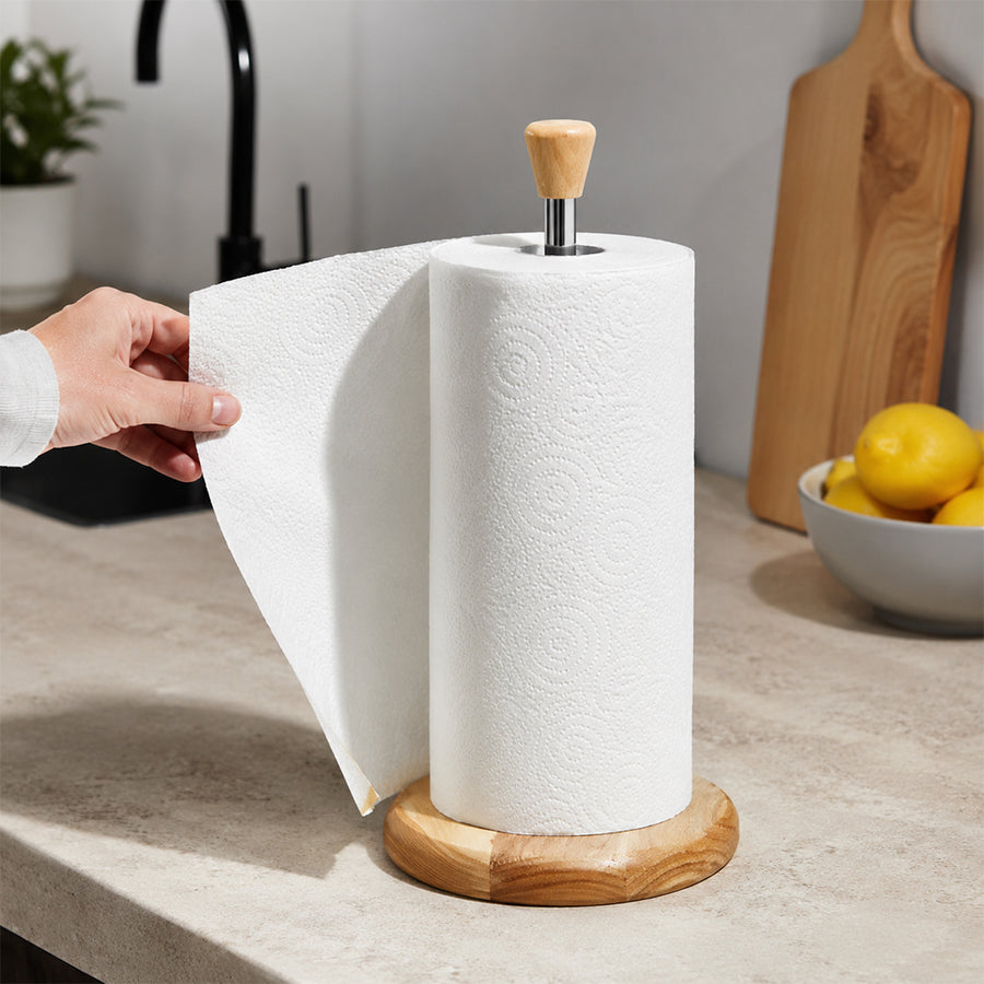 Wooden Countertop Paper Towel Holder with Chrome Rod & Wood Handle