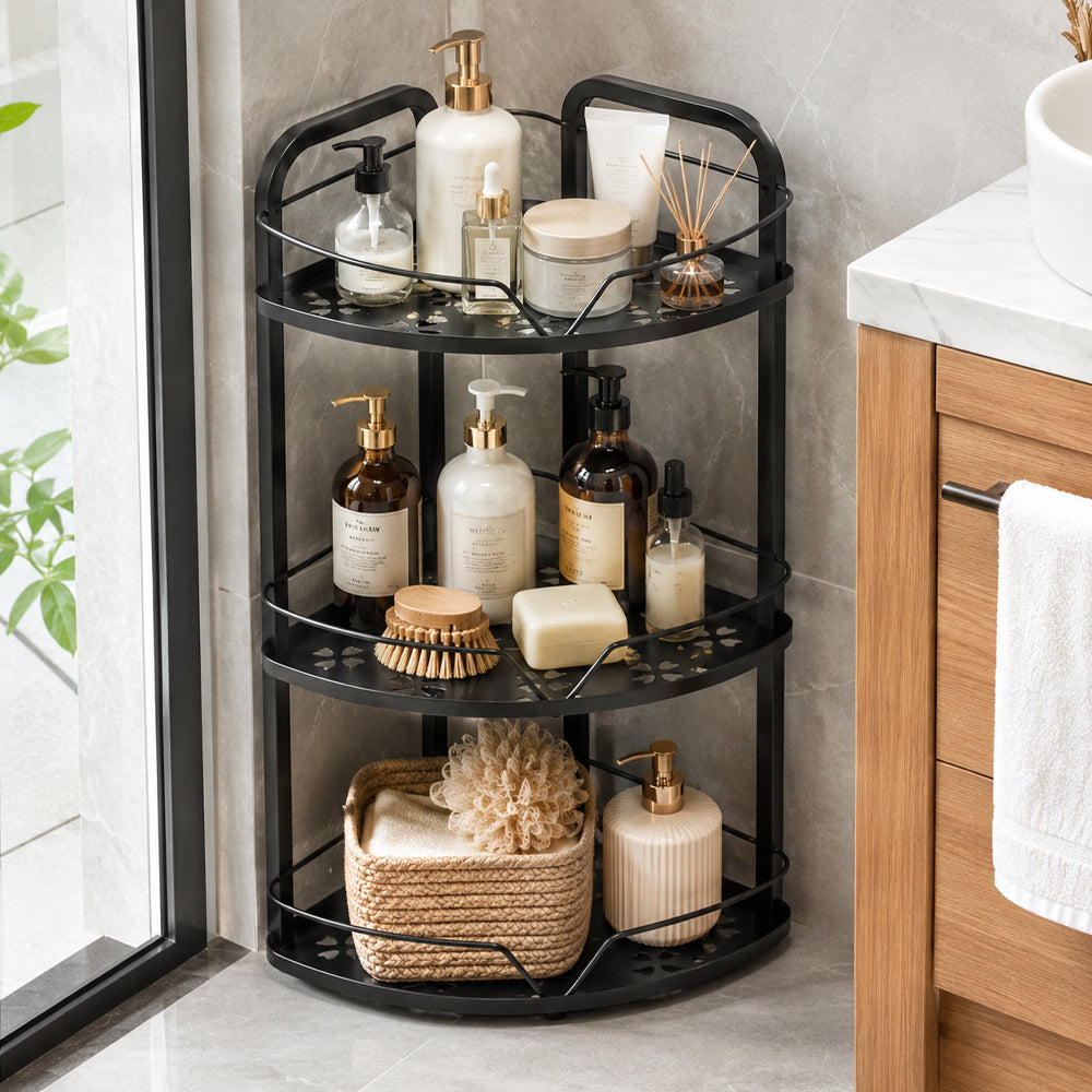 3-Tier Iron Corner Storage Rack Bathroom & Kitchen Organiser - Black
