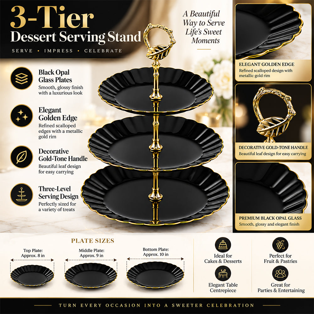 3-Tier Opal Glass Dessert Serving Stand with Gold Rim - Black, 10 Inch
