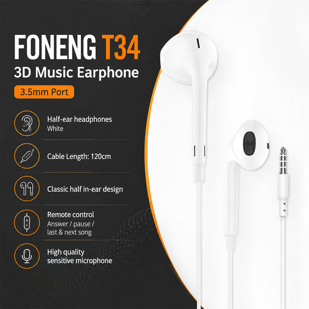 FONENG T34 3D Music Half In-Ear Wired Earphones with Microphone
