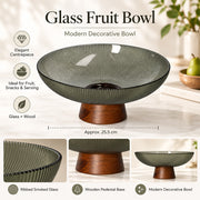 Glass Fruit Bowl with Wooden Pedestal - 25.5cm