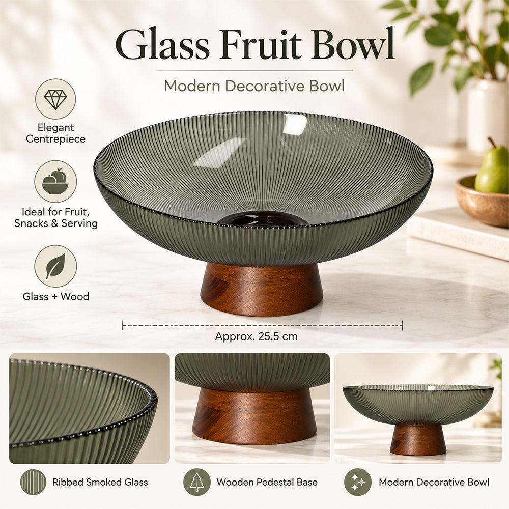 Glass Fruit Bowl with Wooden Pedestal - 25.5cm
