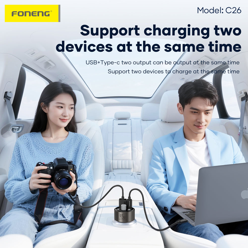 FONENG C26 45W Dual-Port Metal Car Charger with Type-C Cable
