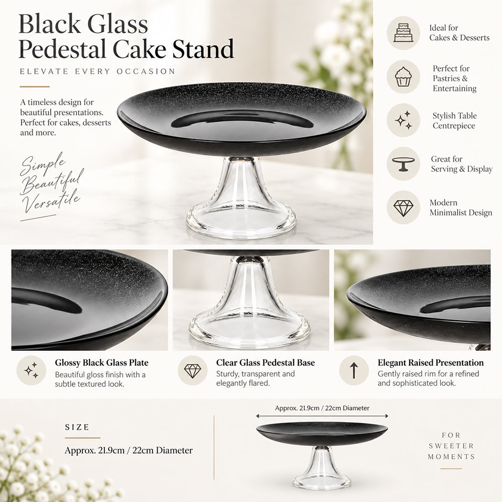 Black Glass Pedestal Cake Stand - 21.9cm