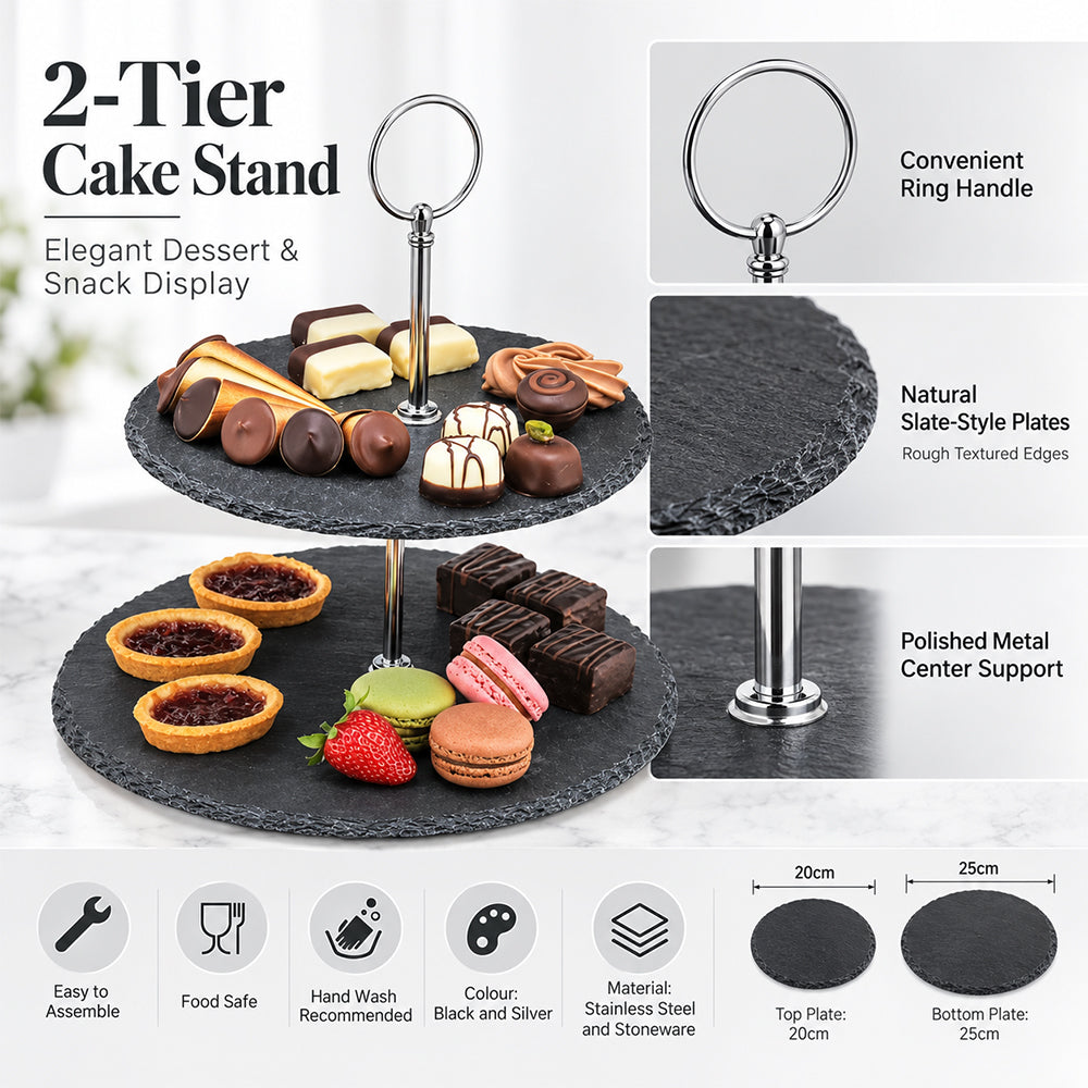 2-Tier Black Stoneware Cake & Dessert Stand - 25cm