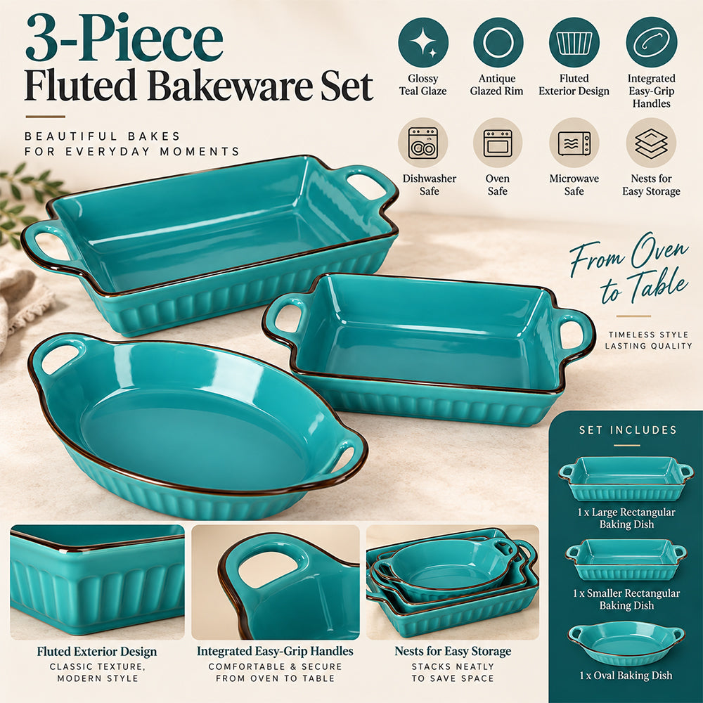 3-Piece Turquoise Ceramic Casserole Bakeware Set